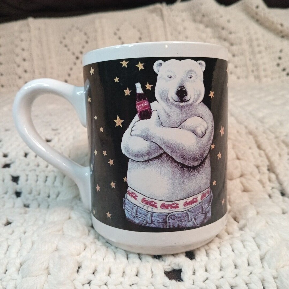 Vintage 90s Gibson Coca Cola Polar Bear Jeans Mug Nostalgia Collector Stars 4.5"